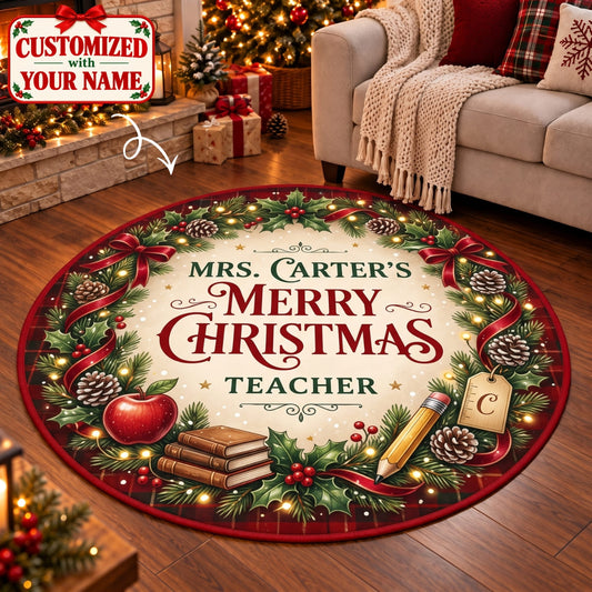 Personalized Merry Christmas Teacher Round Rug - Custom Name | Christmas Gift | RRD01 Occupations