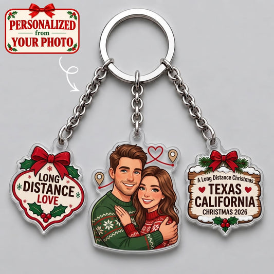 Personalized A Long Distance Love Christmas Triple Charm Keychain - Custom Photo & Names | Christmas Gift | KC01 Couples