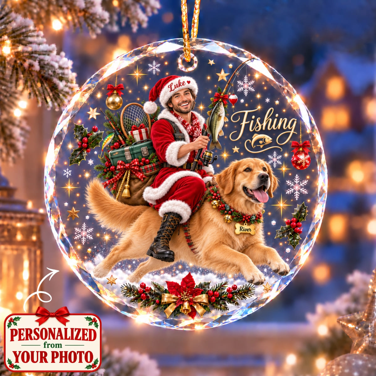 (Made In The USA) Personalized Fishing & Pet Christmas Round Glass Ornament - Custom Photo, Name & Pet | Christmas Gift | ONM01 Hobbies & Lifestyle