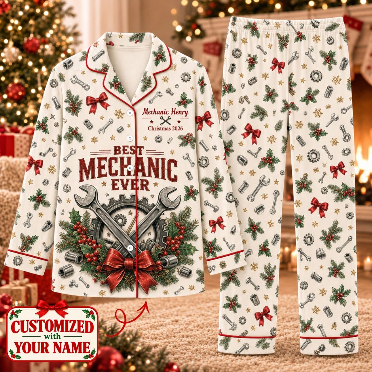 Personalized Best Mechanic Ever Long Pajama Set - Custom Name | Christmas Gift | PYM01 Occupations