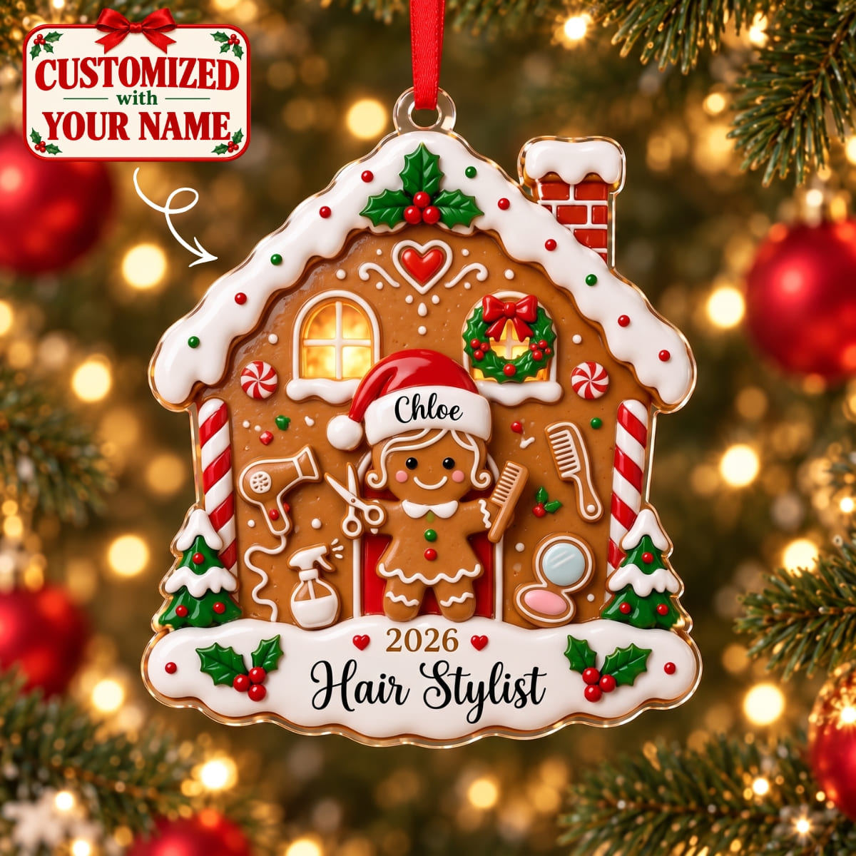 (Made In The USA) Personalized Hair Stylist Christmas Gingerbread House Acrylic Ornament - Custom Name | Christmas Gift | ONM02 Occupations