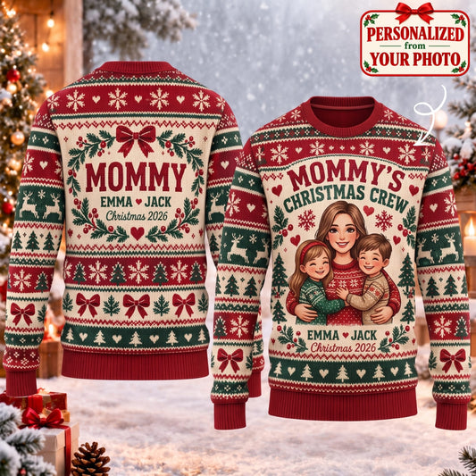 Personalized Mommy's Christmas Crew Ugly Sweater - Custom Photo & Names | Christmas Gift | UGS01 Family