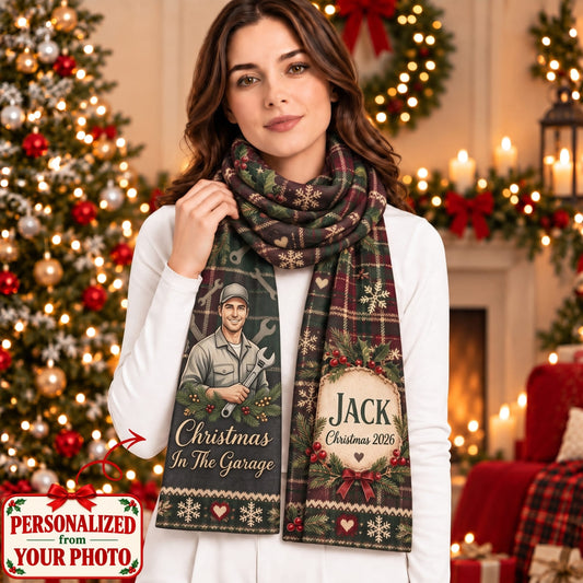 Personalized Christmas In The Garage Scarf - Custom Photo & Names | Christmas Gift | SCT01 Occupations