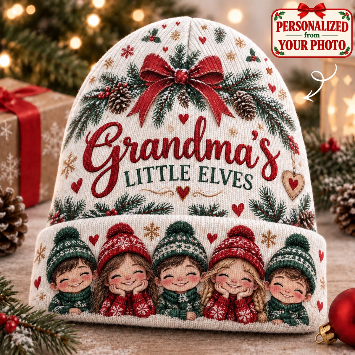 Personalized Grandma's Little Elves Christmas Knitted Hat - Custom Photo & Name | Christmas Gift | ML01 Family
