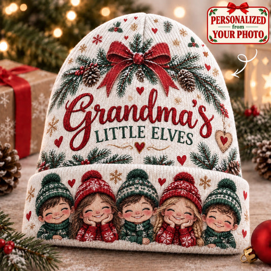 Personalized Grandma's Little Elves Christmas Knitted Hat - Custom Photo & Name | Christmas Gift | ML01 Family