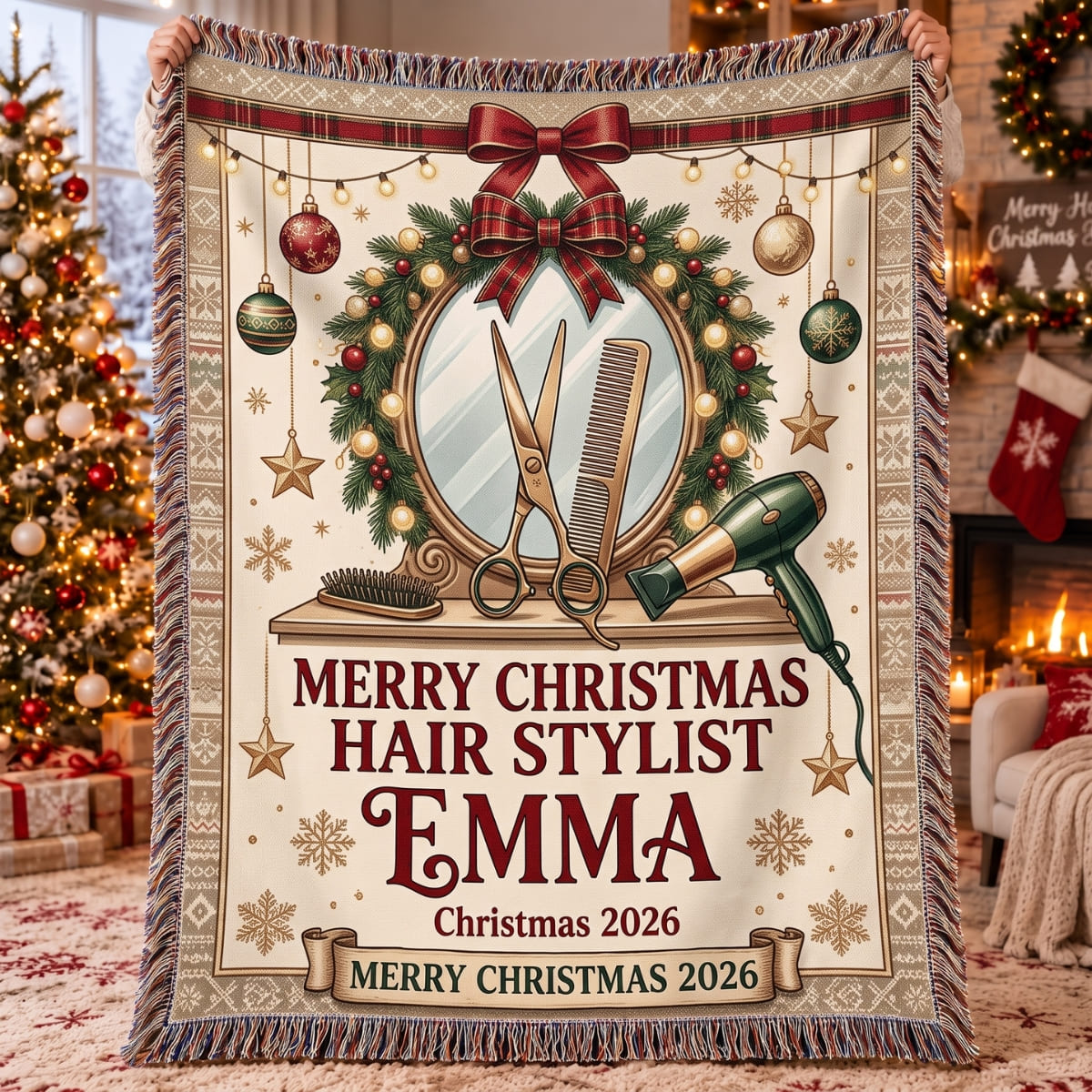 Personalized Merry Christmas Hair Stylist Woven Blanket - Custom Name | Christmas Gift | WBL01 Occupations