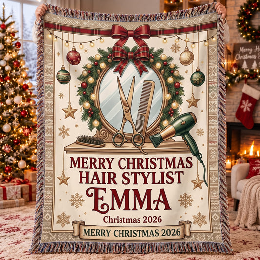 Personalized Merry Christmas Hair Stylist Woven Blanket - Custom Name | Christmas Gift | WBL01 Occupations