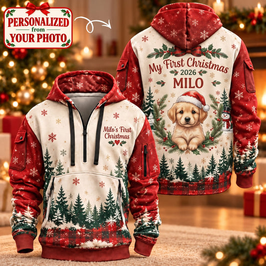 Personalized Pet My First Christmas Quarter Zipper Hoodie - Custom Photo & Name | Christmas Gift | HDZ01 Pets