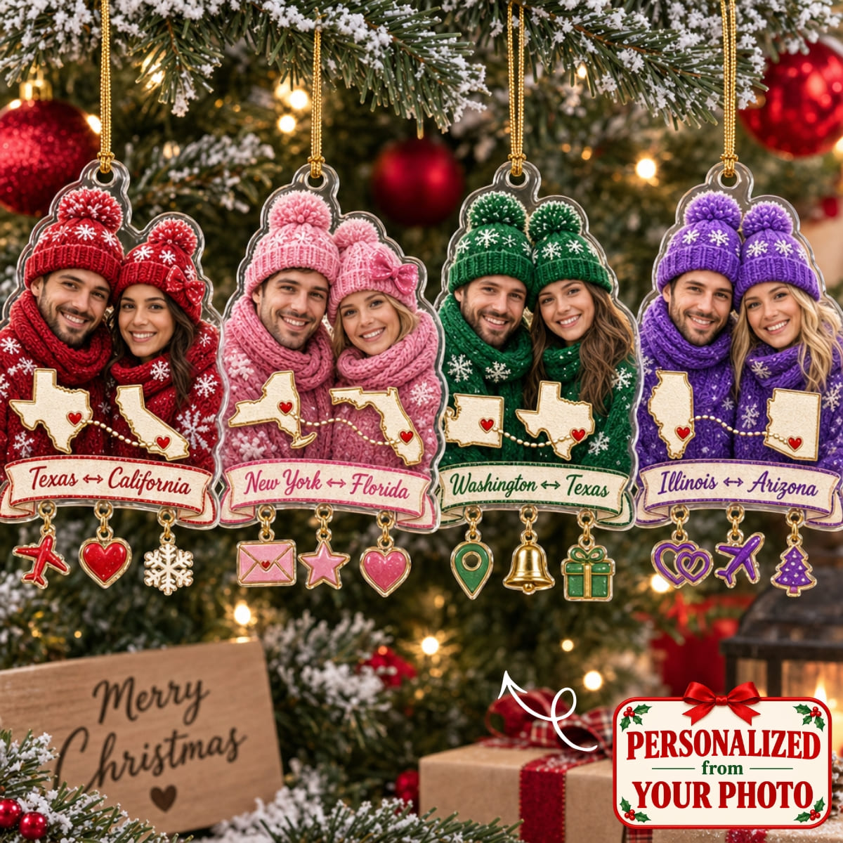 (Made In The USA) Personalized Long Distance Love Christmas Ornament - Custom Photo & Name | Christmas Gift | ONM05 Couples