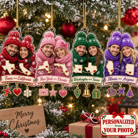 (Made In The USA) Personalized Long Distance Love Christmas Ornament - Custom Photo & Name | Christmas Gift | ONM05 Couples