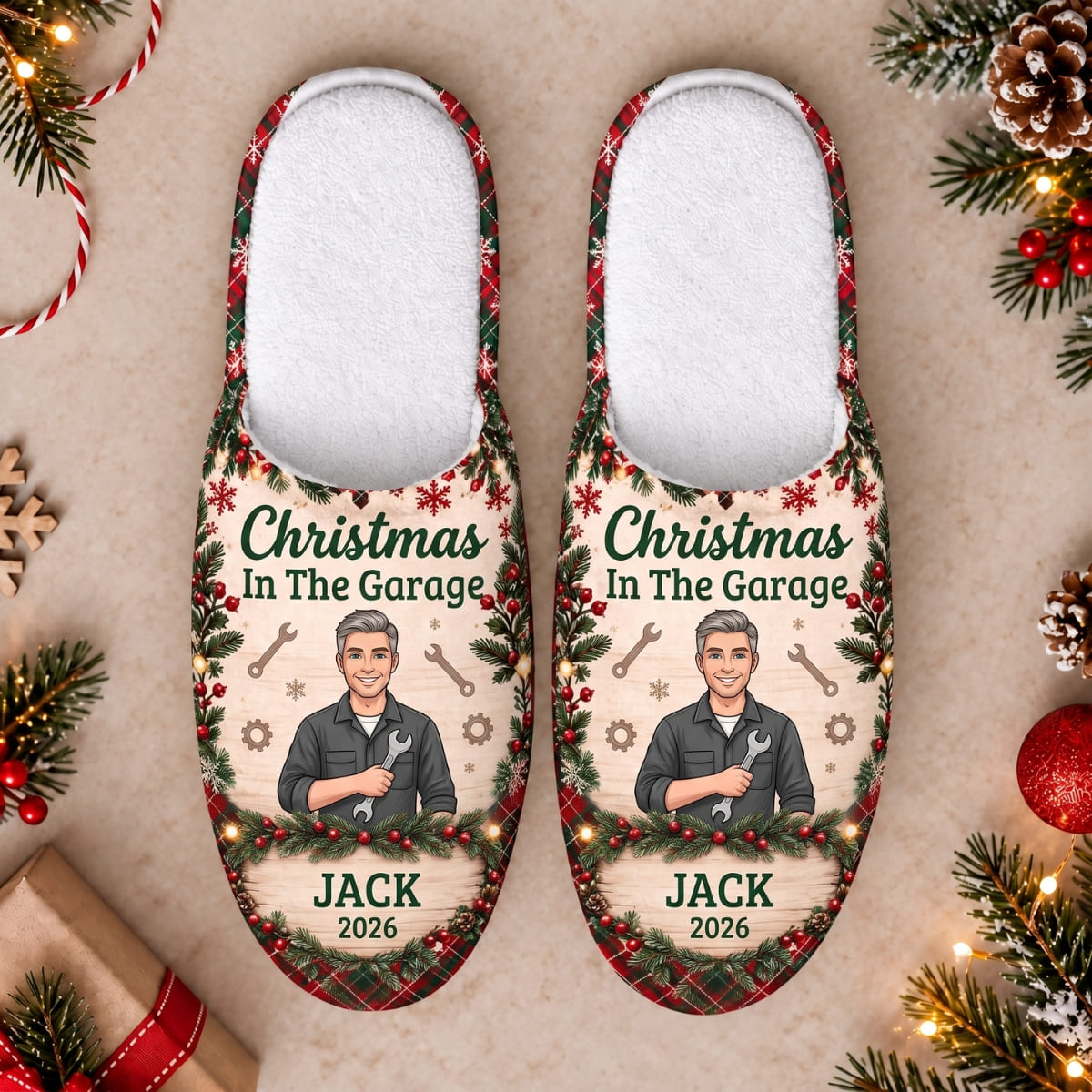 Personalized Christmas In The Garage Slippers - Custom Photo & Name | Christmas Gift | SLP01 Occupations