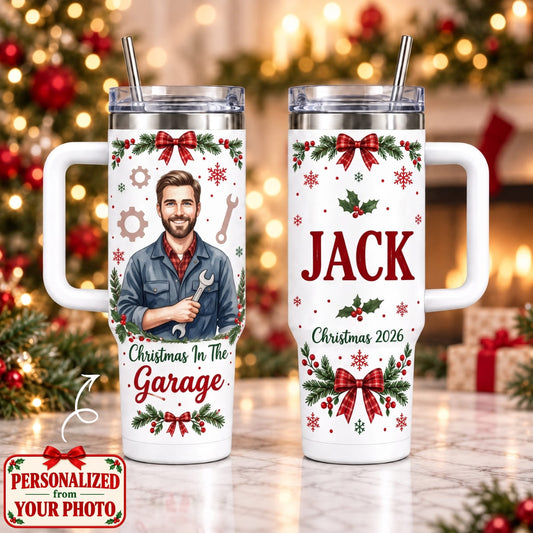Personalized Christmas In The Garage 40oz Tumbler with Handle – Custom Photo & Names | Christmas Gift | TBL01 Occupations