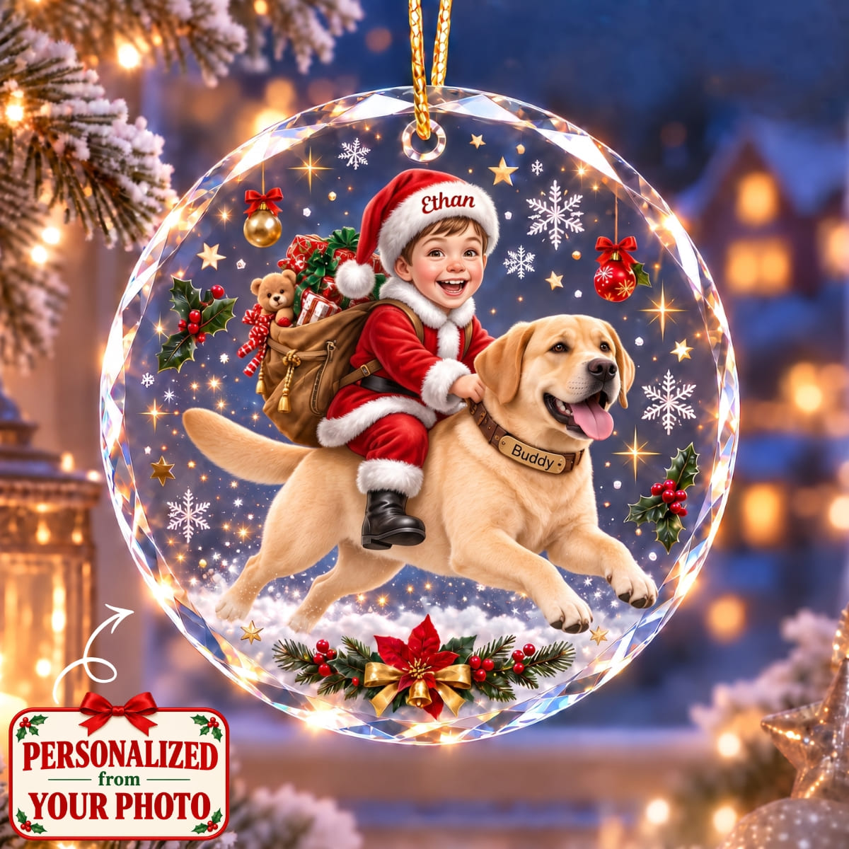 (Made In The USA) Personalized Son & Pet Christmas Round Glass Ornament - Custom Photo, Name & Pet | Christmas Gift | ONM01 Family