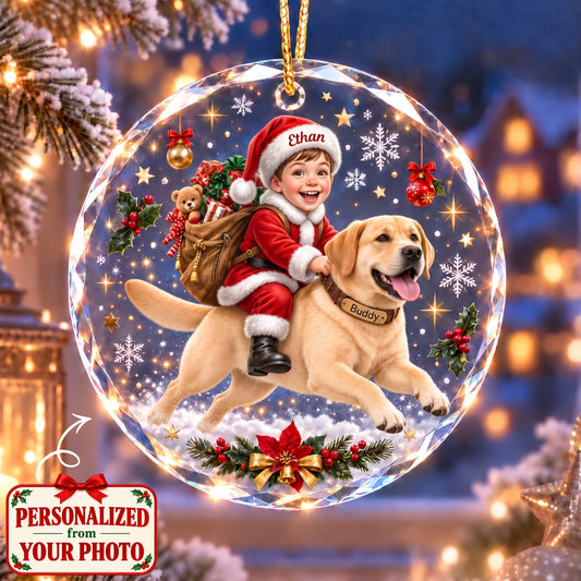 (Made In The USA) Personalized Son & Pet Christmas Round Glass Ornament - Custom Photo, Name & Pet | Christmas Gift | ONM01 Family