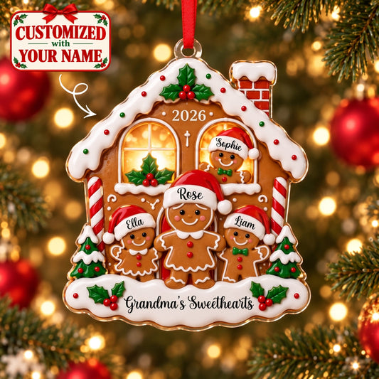 (Made In The USA) Personalized Grandma's Sweethearts Christmas Gingerbread House Acrylic Ornament - Custom Name | Christmas Gift | ONM02 Family