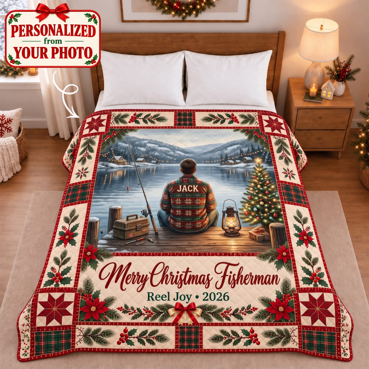 Personalized Merry Christmas Fisherman Quilted Blanket - Custom Photo & Name | Christmas Gift | QBL01 Hobbies & Lifestyle