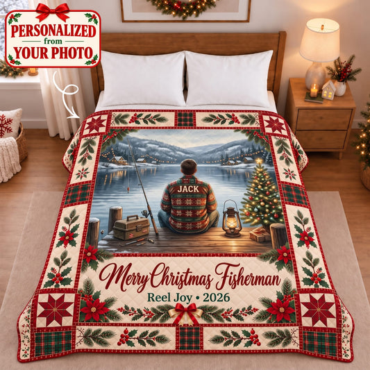 Personalized Merry Christmas Fisherman Quilted Blanket - Custom Photo & Name | Christmas Gift | QBL01 Hobbies & Lifestyle