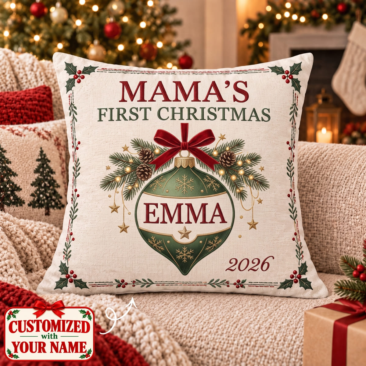 Personalized Mama's First Christmas Pillow - Custom Name | Christmas Gift | HPL01 Family