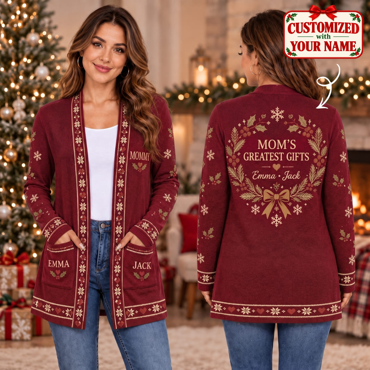 Personalized Mom's Greatest Gifts Christmas Long Sleeve Cardigan - Custom Name | Christmas Gift | CDG01 Family