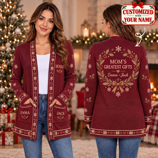 Personalized Mom's Greatest Gifts Christmas Long Sleeve Cardigan - Custom Name | Christmas Gift | CDG01 Family
