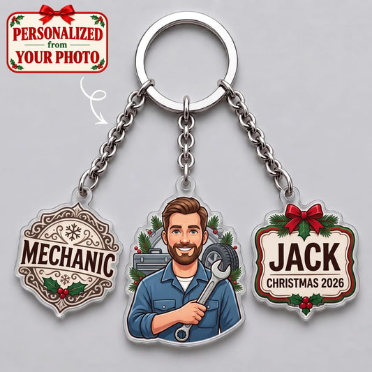 Personalized Mechanic Christmas Triple Charm Keychain - Custom Photo & Names | Christmas Gift | KC01 Occupations