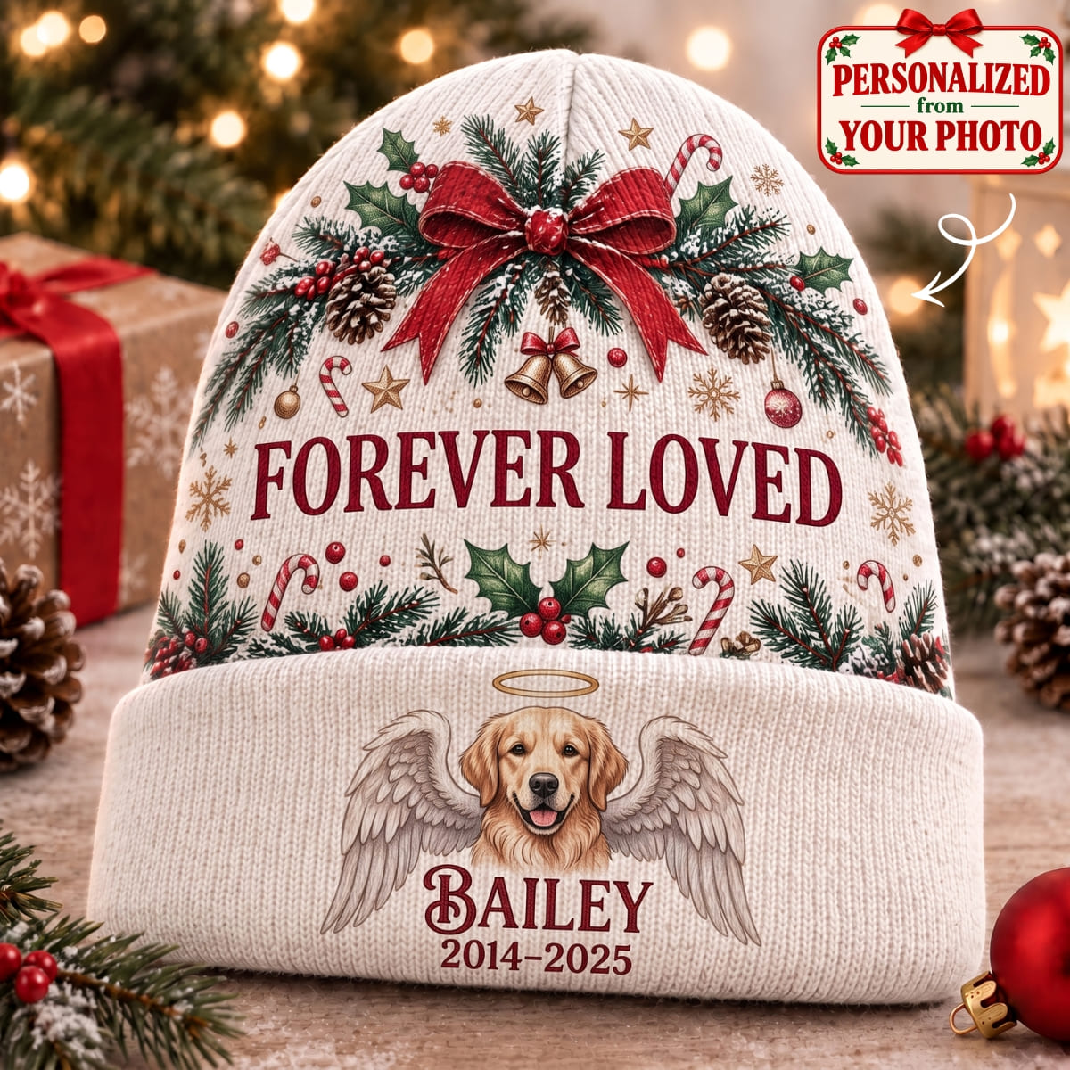 Personalized Pet Forever Loved Knitted Hat - Custom Photo & Name | Christmas Gift | ML01 Pets