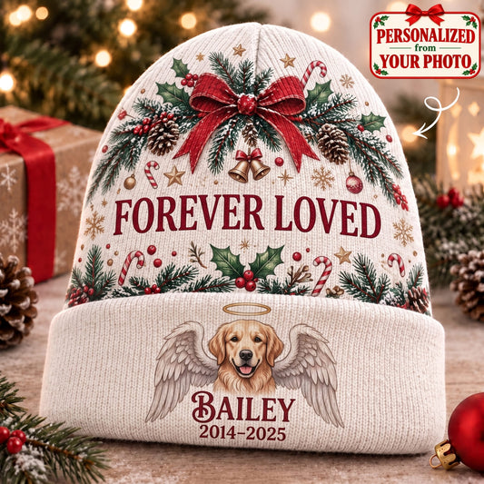 Personalized Pet Forever Loved Knitted Hat - Custom Photo & Name | Christmas Gift | ML01 Pets