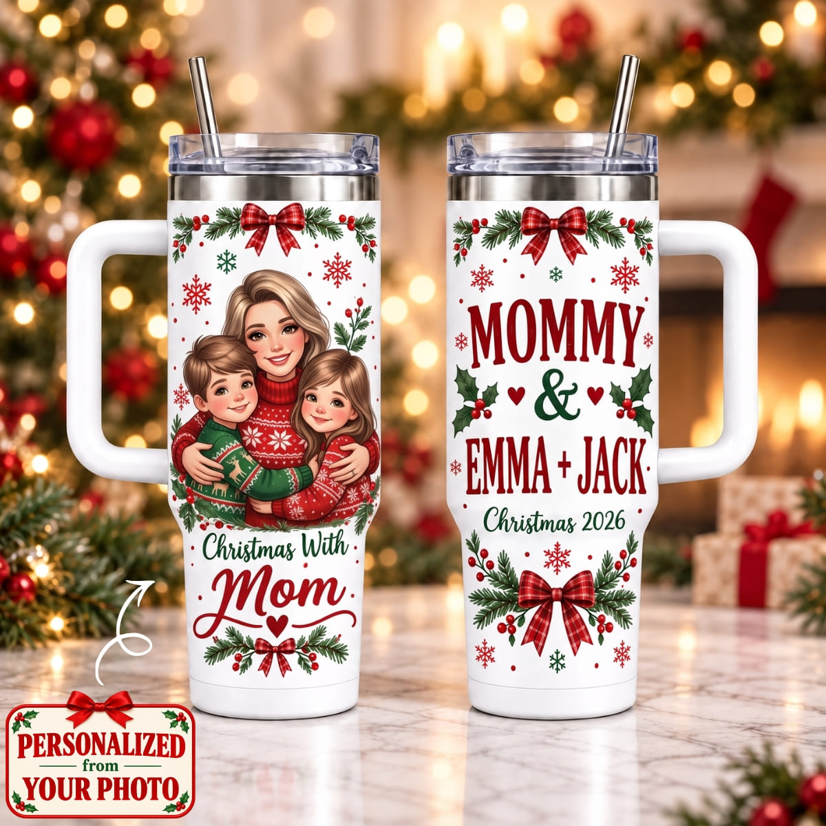 Personalized Christmas With Mom 40oz Tumbler with Handle – Custom Photo & Names | Christmas Gift | TBL01 Family