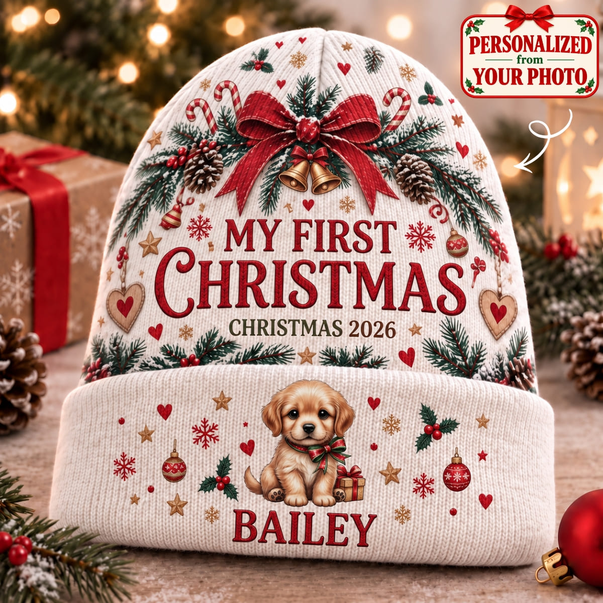 Personalized Pet My First Christmas Knitted Hat - Custom Photo & Name | Christmas Gift | ML01 Pets