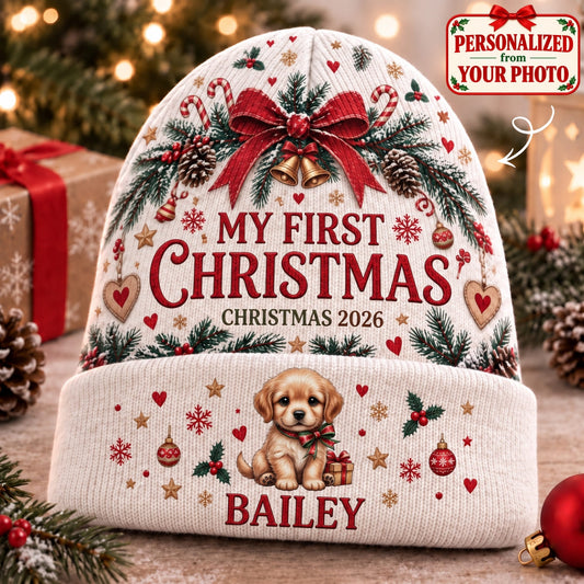 Personalized Pet My First Christmas Knitted Hat - Custom Photo & Name | Christmas Gift | ML01 Pets
