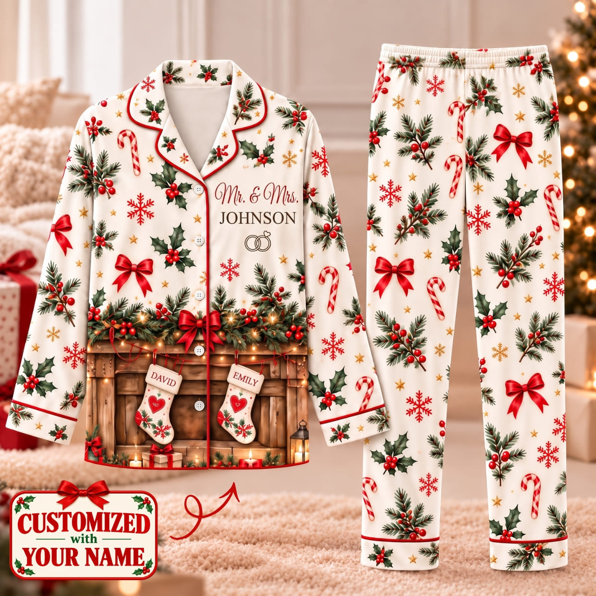 Personalized Mr. & Mrs. Long Pajama Set - Custom Name | Christmas Gift | PYM01 Couples