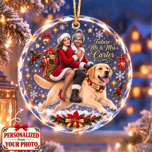 (Made In The USA) Personalized Future Mr & Mrs & Pet Christmas Round Glass Ornament - Custom Photo, Name & Pet | Christmas Gift | ONM01 Couples