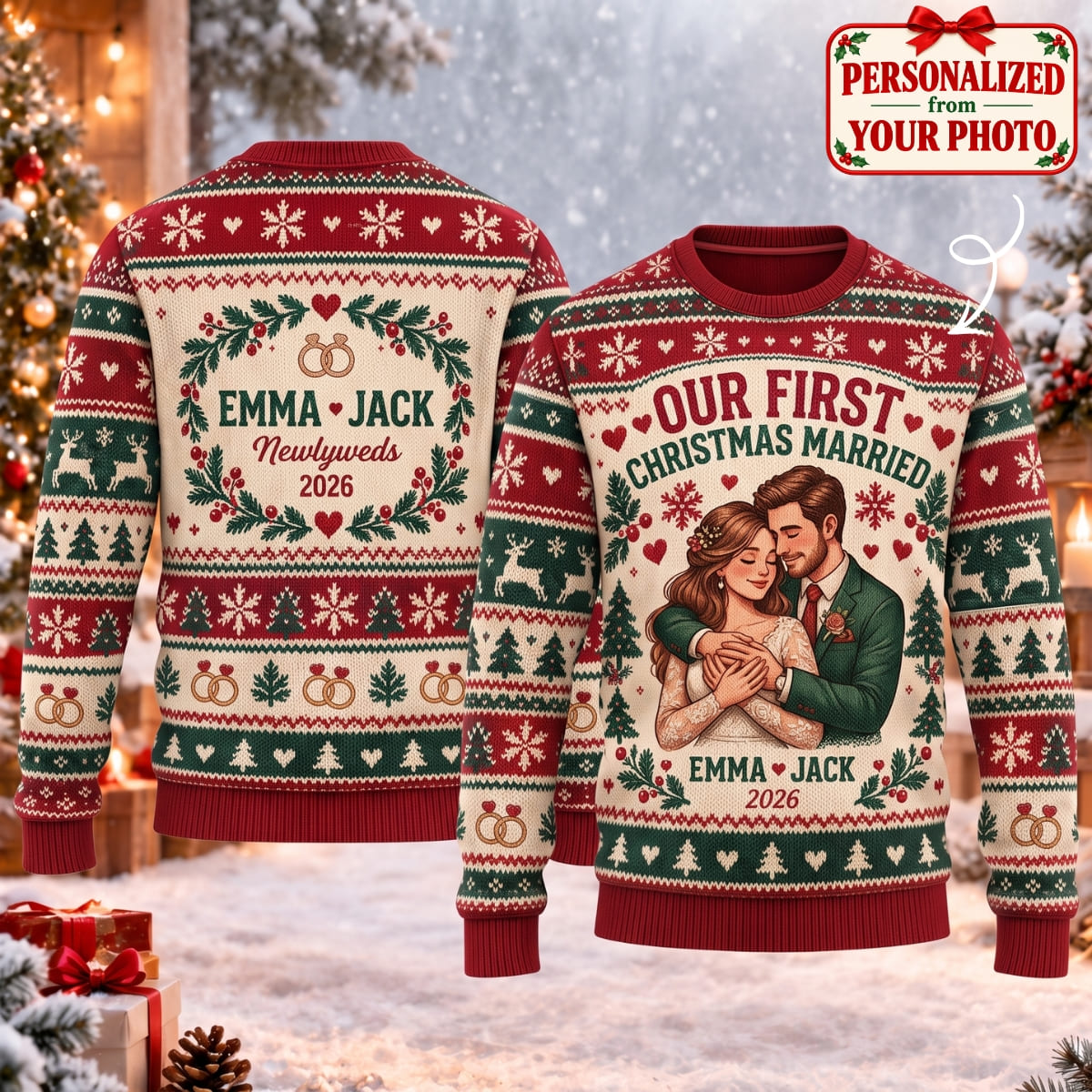 Personalized Our First Christmas Married Ugly Sweater - Custom Photo & Names | Christmas Gift | UGS01 Couples