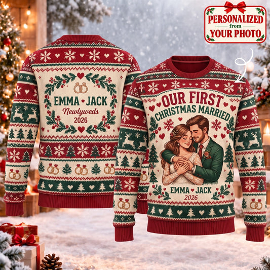 Personalized Our First Christmas Married Ugly Sweater - Custom Photo & Names | Christmas Gift | UGS01 Couples