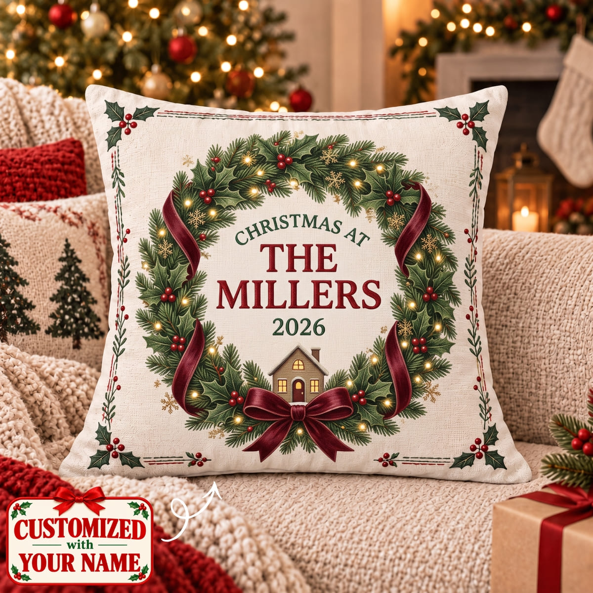 Personalized Christmas At The Family Pillow - Custom Name | Christmas Gift | HPL01 Family