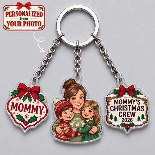 Personalized Mommy's Christmas Crew Triple Charm Keychain - Custom Photo | Christmas Gift | KC01 Family
