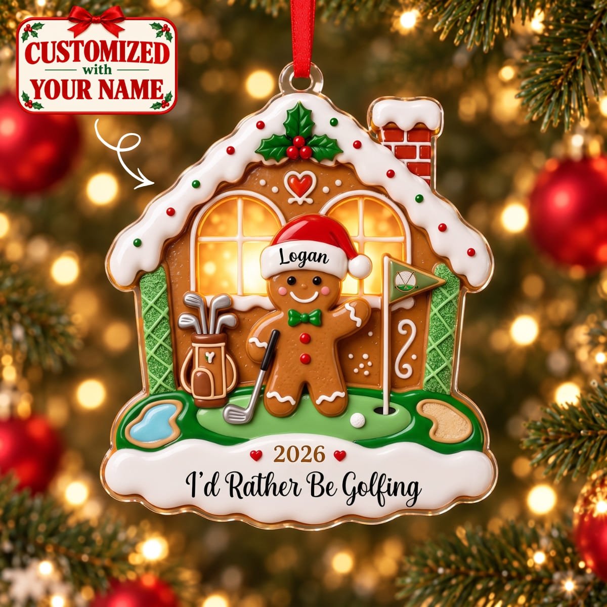 (Made In The USA) Personalized Golfer Christmas Gingerbread House Acrylic Ornament - Custom Name | Christmas Gift | ONM02 Hobbies & Lifestyle