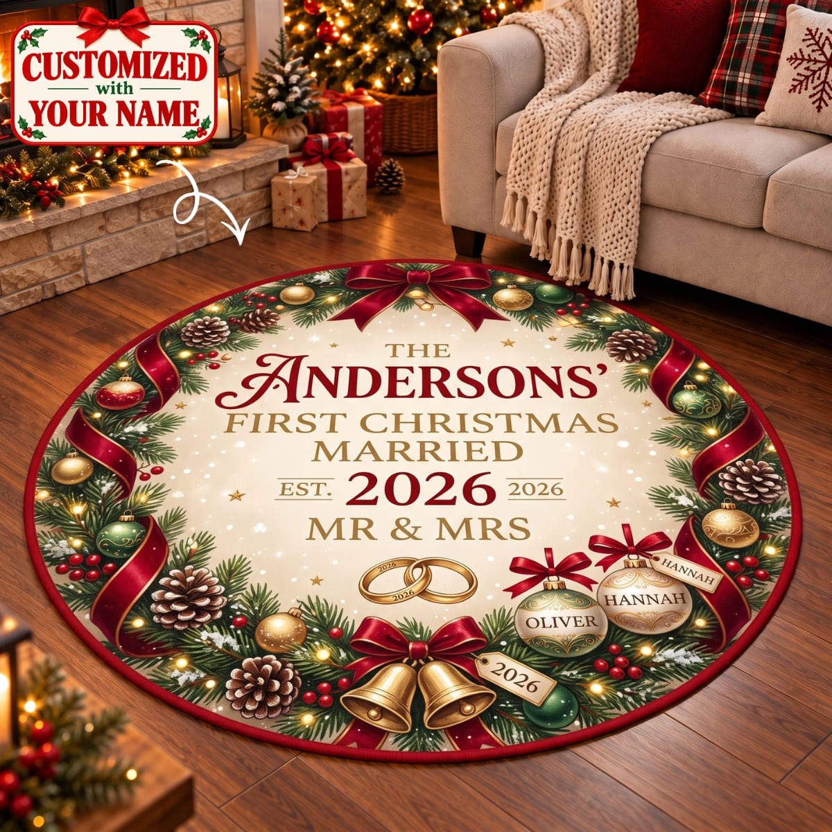 Personalized First Christmas Married Round Rug - Custom Name | Christmas Gift | RRD01 Couples