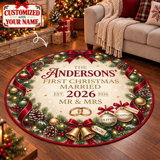 Personalized First Christmas Married Round Rug - Custom Name | Christmas Gift | RRD01 Couples