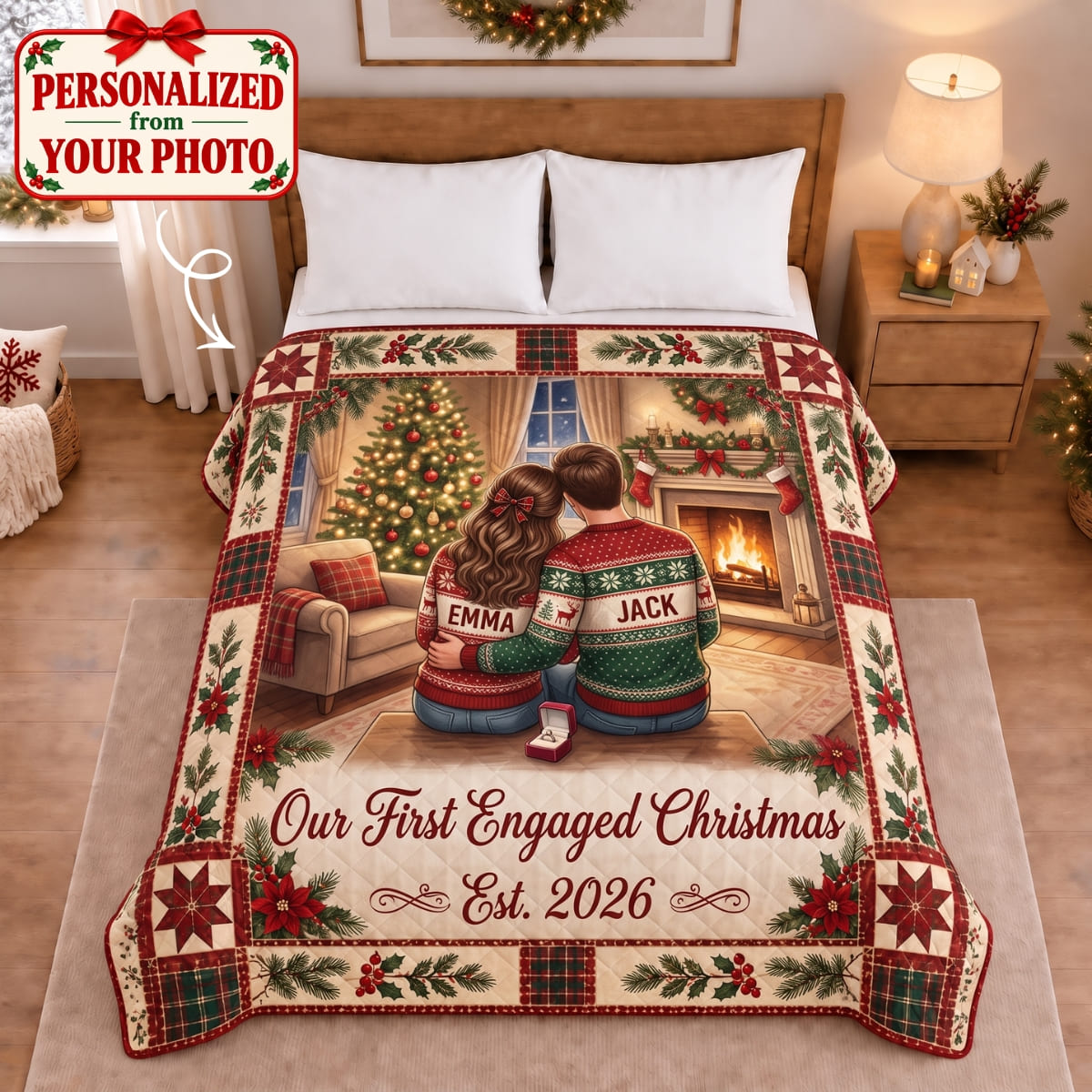 Personalized Our First Christmas Engaged Quilted Blanket - Custom Photo & Name | Christmas Gift | QBL01 Couples