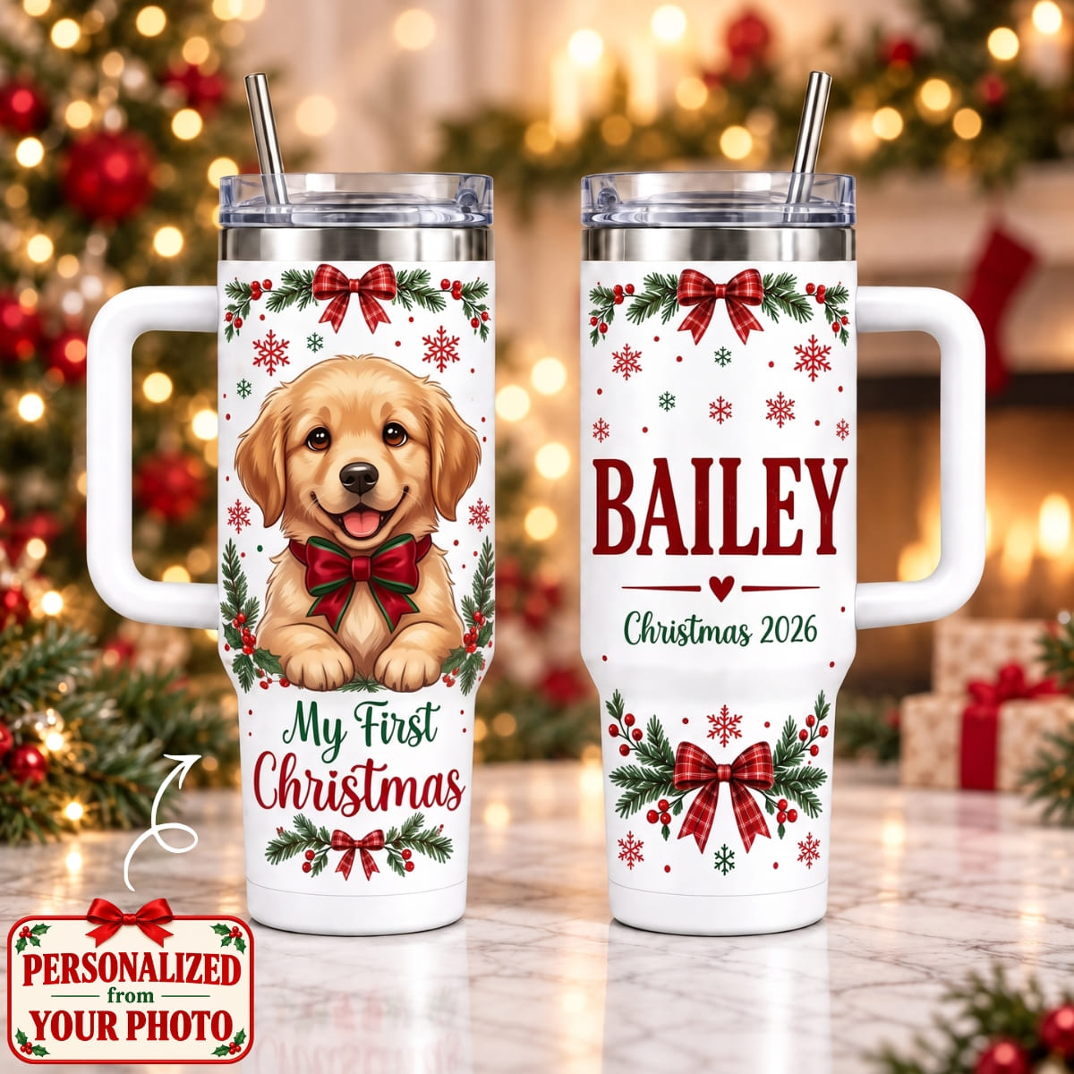 Personalized Pet My First Christmas 40oz Tumbler with Handle – Custom Photo & Names | Christmas Gift | TBL01 Pets