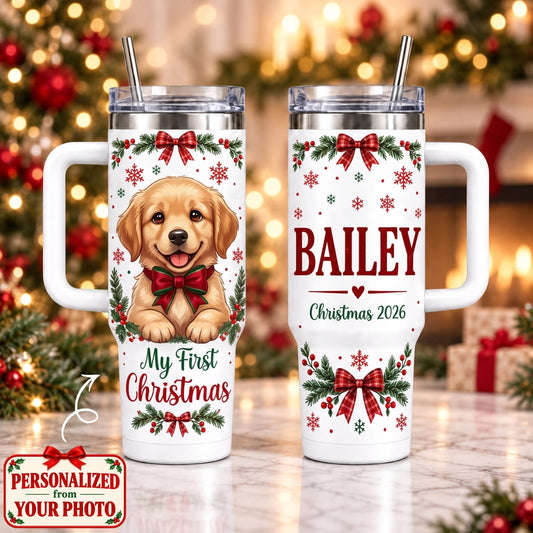 Personalized Pet My First Christmas 40oz Tumbler with Handle – Custom Photo & Names | Christmas Gift | TBL01 Pets
