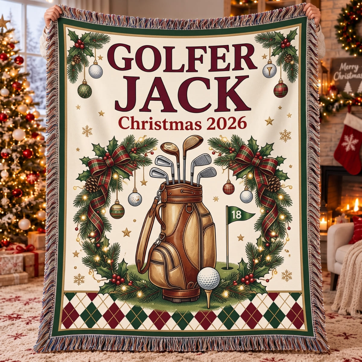 Personalized Merry Christmas Golfer Woven Blanket - Custom Name | Christmas Gift | WBL01 Hobbies & Lifestyle