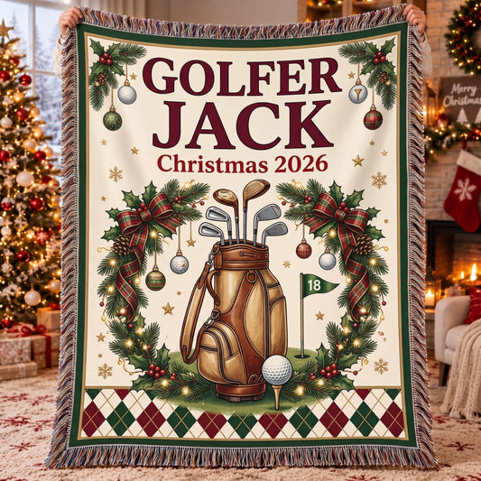 Personalized Merry Christmas Golfer Woven Blanket - Custom Name | Christmas Gift | WBL01 Hobbies & Lifestyle