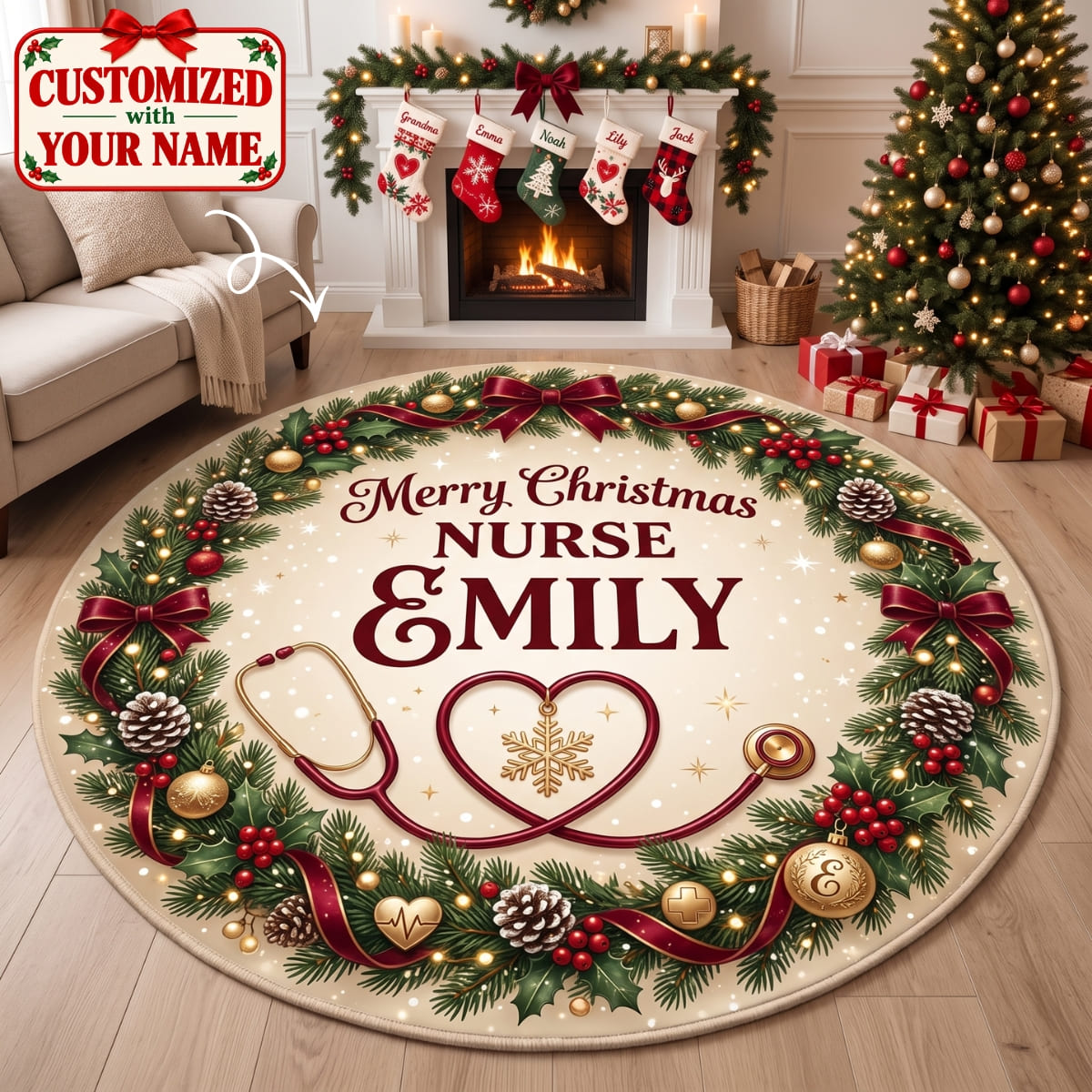Personalized Merry Christmas Nurse Round Rug - Custom Name | Christmas Gift | RRD01 Occupations