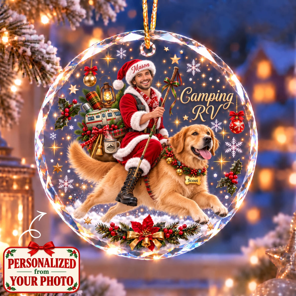 (Made In The USA) Personalized Camping RV & Pet Christmas Round Glass Ornament - Custom Photo, Name & Pet | Christmas Gift | ONM01 Hobbies & Lifestyle