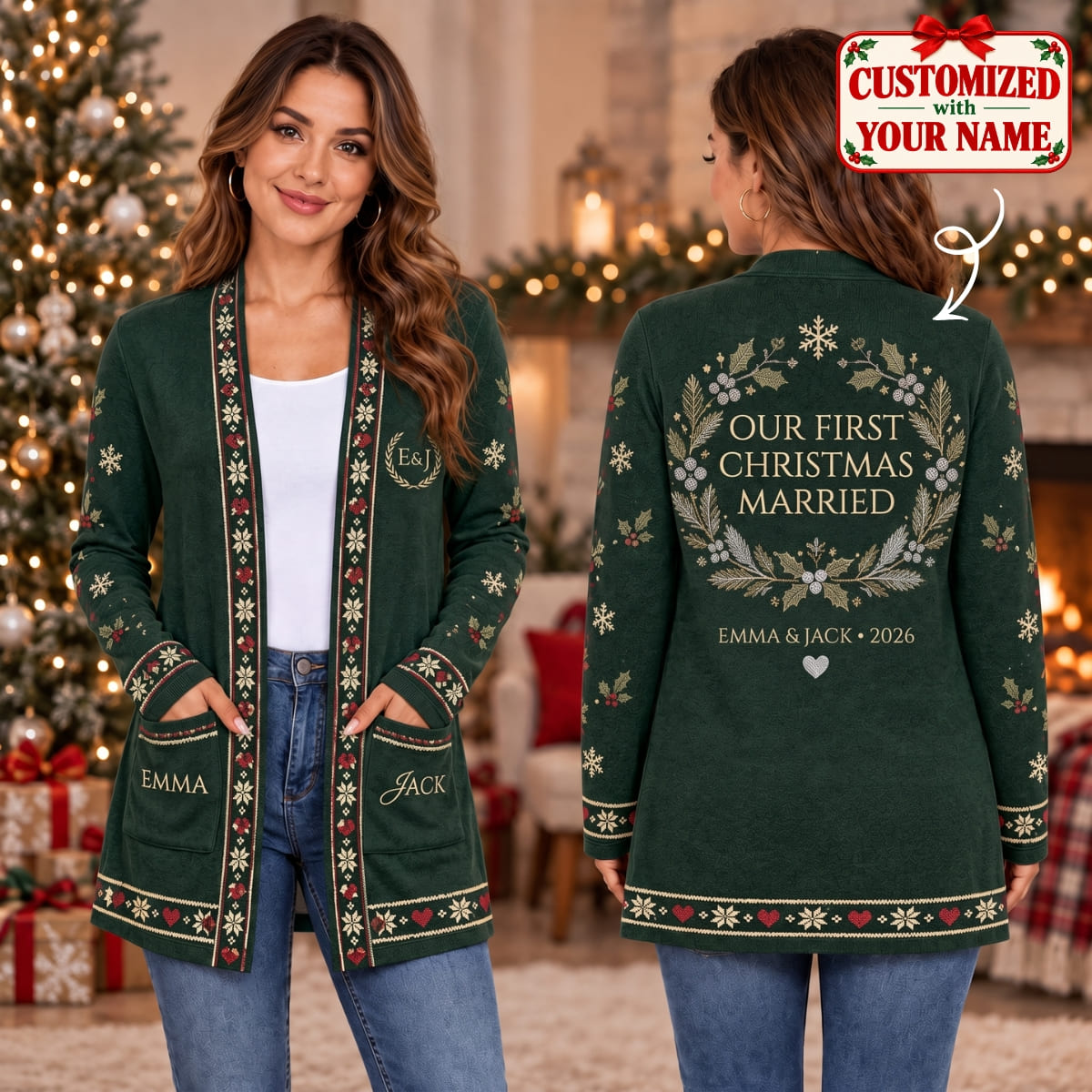 Personalized Our First Christmas Married Long Sleeve Cardigan - Custom Name | Christmas Gift | CDG01 Couples