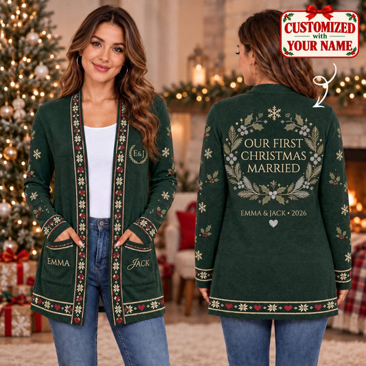 Personalized Our First Christmas Married Long Sleeve Cardigan - Custom Name | Christmas Gift | CDG01 Couples