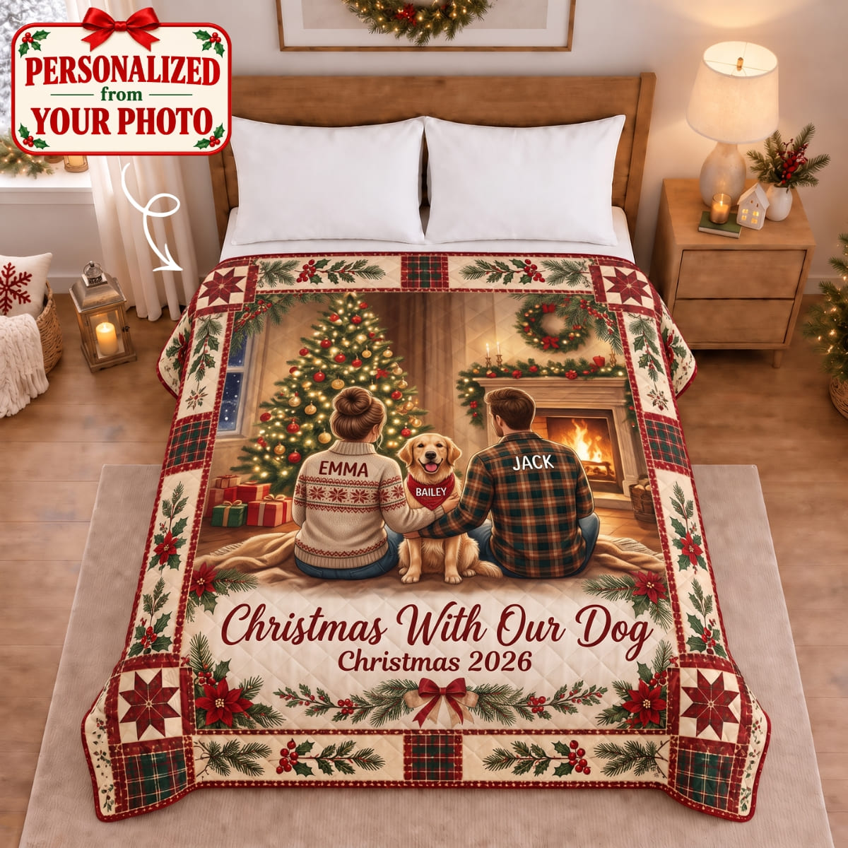 Personalized Christmas With Our Dog Quilted Blanket - Custom Photo & Name | Christmas Gift | QBL01 Pets