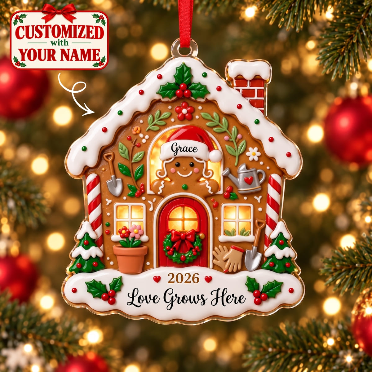 (Made In The USA) Personalized Gardener Christmas Gingerbread House Acrylic Ornament - Custom Name | Christmas Gift | ONM02 Hobbies & Lifestyle